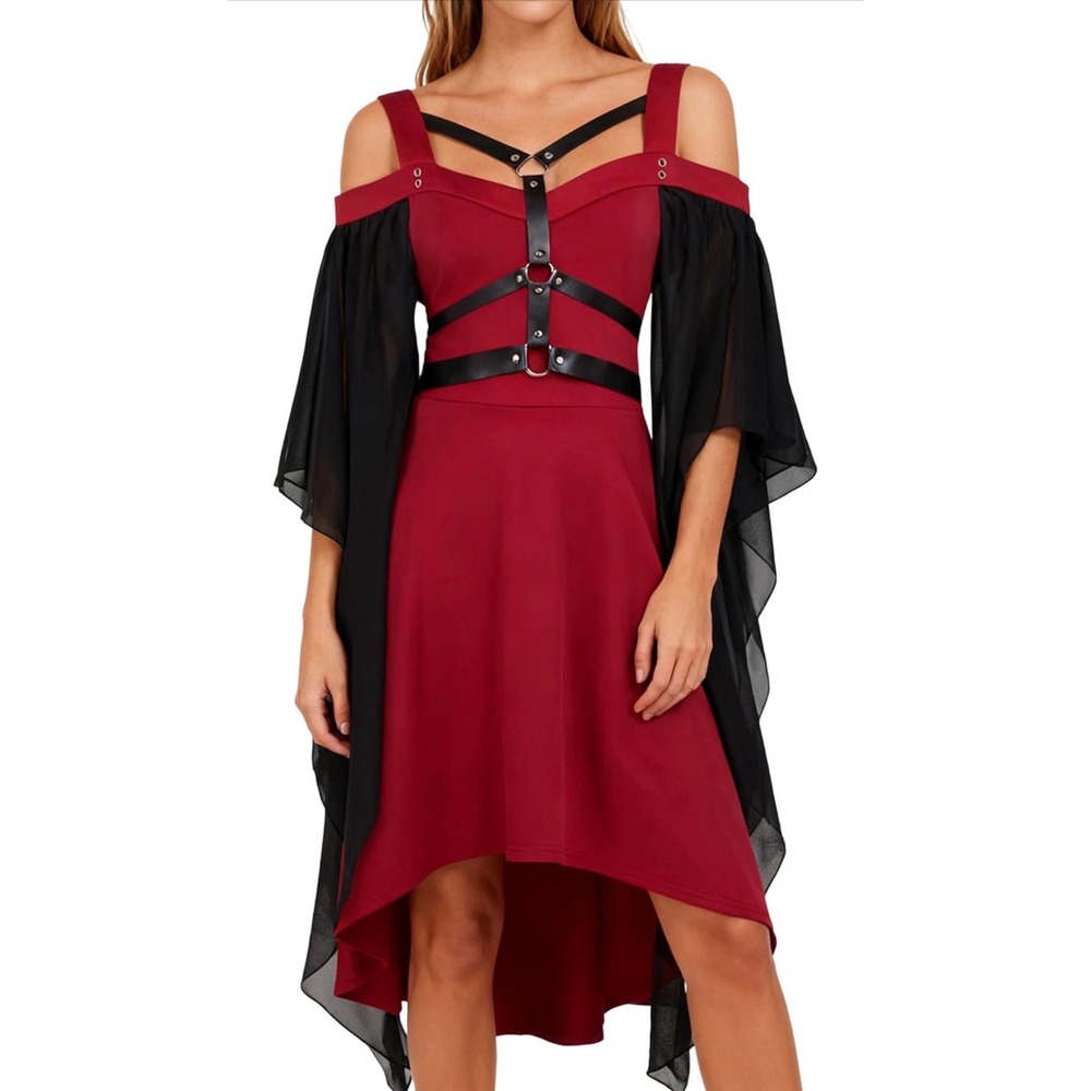 Dressfo Gothic Red Black High Low Dress Harness Corset‎ Back Sheer Bell Sleeve